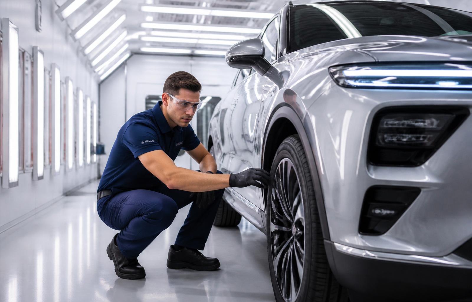 Engenheiro Super Visão inspecionando SUV em ambiente tecnológico